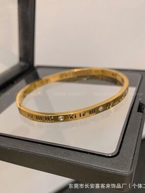 Gold Roman Numeral Bangle Bracelet with Crystals - Women Jewelry
